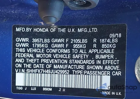2018 Honda Civic Sport from USA, damaged, VIN SHHFK7H49JU429952